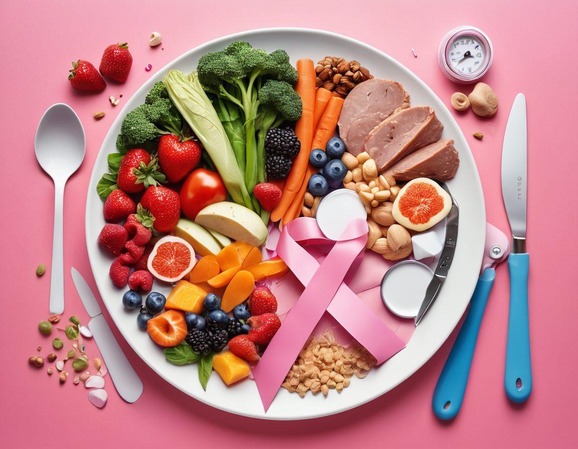 A dynamic collage depicting a healthy and balanced plate of nutritious foods, alongside a variety of cancer screening tools, such as a mammogram machine, prostate exam chart, and awareness ribbons. Integrate diverse men of different ages engaging in fitness and health discussions. The background should exude a sense of hope and support, with subtle health-related graphics overlaying the scene. vibrant colors. vector art.