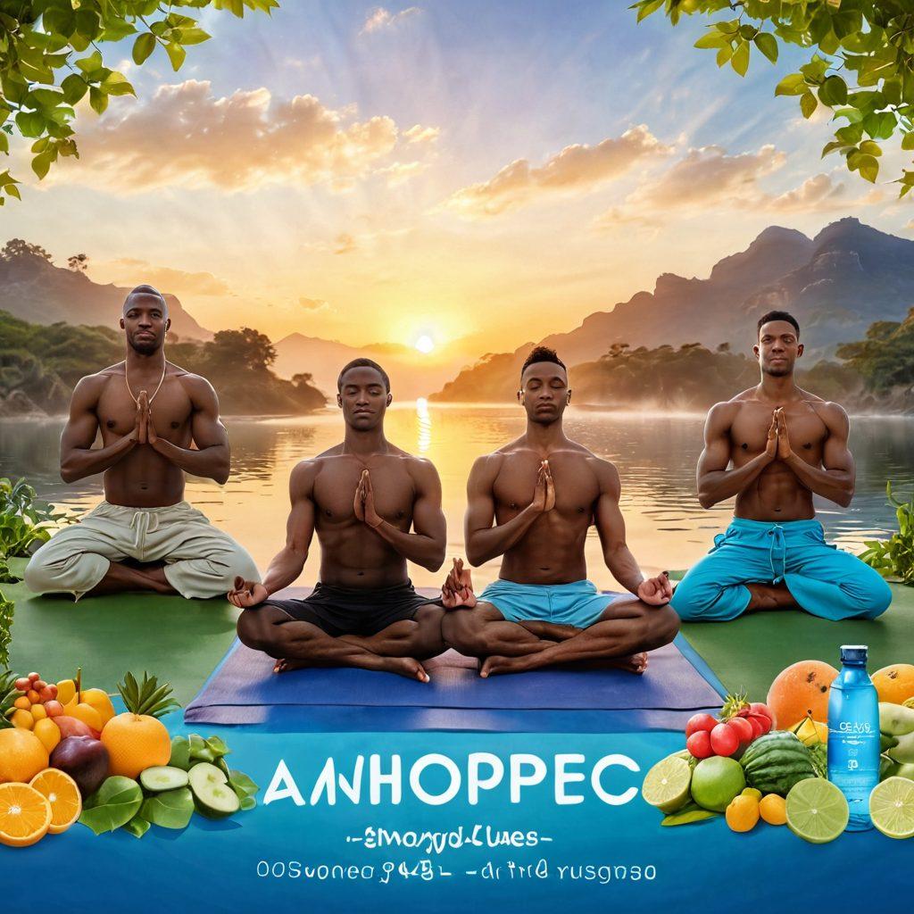 A serene scene showcasing a diverse group of men engaged in a healthy lifestyle, surrounded by symbols of wellness like fresh fruits, yoga mats, and water bottles. The backdrop features a glowing sunrise, representing hope and empowerment, with text overlays subtly integrating the title's theme. Incorporate calming blues and greens to emphasize tranquility, while the men display various activities like meditation and exercising. super-realistic. vibrant colors. natural setting.