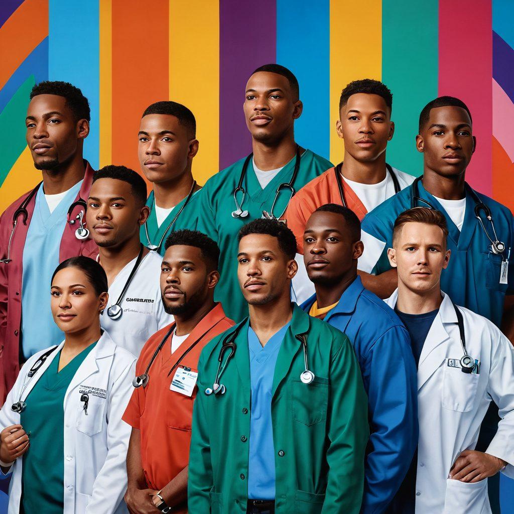 A dynamic and powerful illustration of a group of diverse men standing together, showcasing strength and unity against a backdrop of healthcare symbols like ribbons and medical instruments. Incorporate elements representing awareness and prevention, such as informative charts and healthy lifestyle icons. Use bright, empowering colors to convey hope and resilience. super-realistic. vibrant colors.